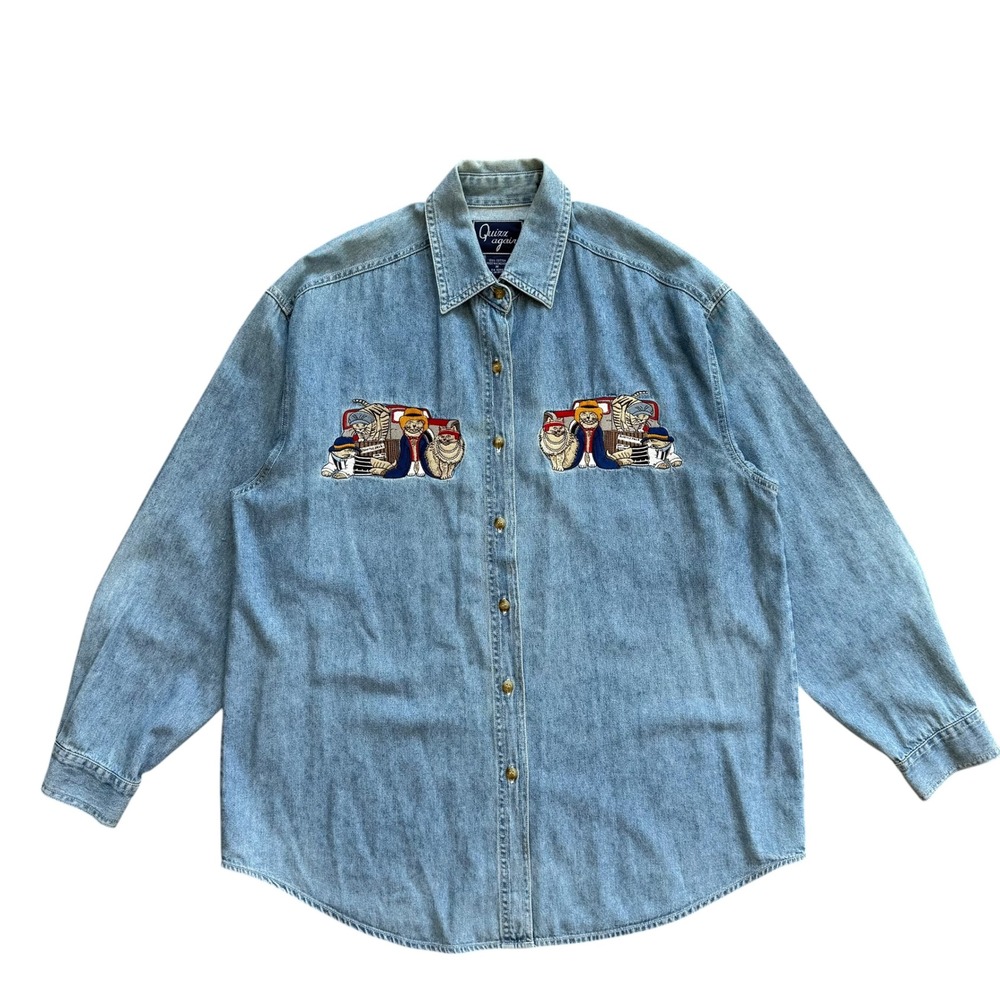 Quizz Again Vintage Denim Cat Embroidered Button Down Shirt Blue Womens Medium